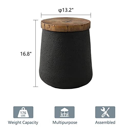 Drum End Table Cylinder Shaped Concrete Side Table Faux-Wood Top, Black Outdoor Accent Table with Tree Trunk Slice Hand Painted, Accent Stool