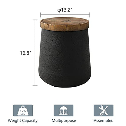 Drum End Table Cylinder Shaped Concrete Side Table Faux-Wood Top, Black Outdoor Accent Table with Tree Trunk Slice Hand Painted, Accent Stool