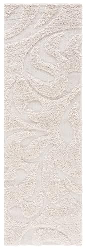 SAFAVIEH Florida Shag Collection Runner Rug - 2'3" x 7', Creme & Creme, Scroll Design, Non-Shedding & Easy Care, 1.2-inch Thick Ideal for High Traffic Areas in Living Room, Bedroom (SG468-1111)