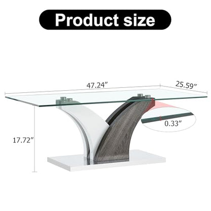 47'' Glass Coffee Table for Living Room,Rectangle Clear Center Table,Modern Glass Sofa Coffee Table with Tempered Glass Top and MDF Thickened Base