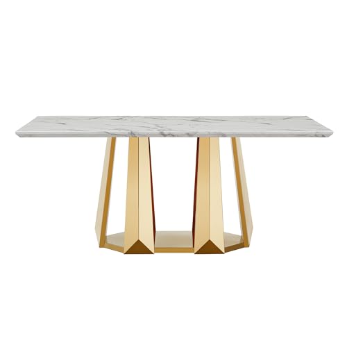 Marble Dining Table for 6 People, 70'' Rectangle Faux Marble Dining Table with Mirrored Stainless Steel Base, Large Size Marble Kitchen Table (Gold,White)(only Table)