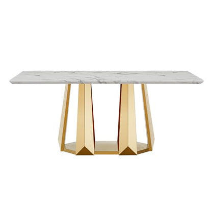 Marble Dining Table for 6 People, 70'' Rectangle Faux Marble Dining Table with Mirrored Stainless Steel Base, Large Size Marble Kitchen Table (Gold,White)(only Table)