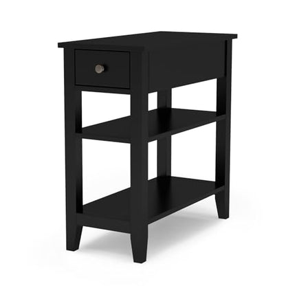 Side Table Living Room, Narrow End Table with Drawer and Shelf, 3-Tier Sofa End Table for Small Space, Black