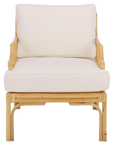 SAFAVIEH Furniture - Kazumi Accent Chair - Coastal Design White Cushion & Natural Rattan - Fully Assembled - Ideal for Living Room, Bedroom, Dining Space, 19.7" Seat Height (ACH6508B)