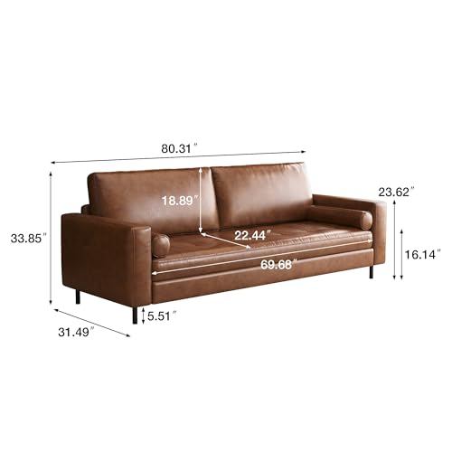 80.31" Mid-Century Modern Faux Leather 3-Seater Sofa Couch, with Sturdy Metal Legs & Solid Wood Frame, for Living Room & Apartment, Brown