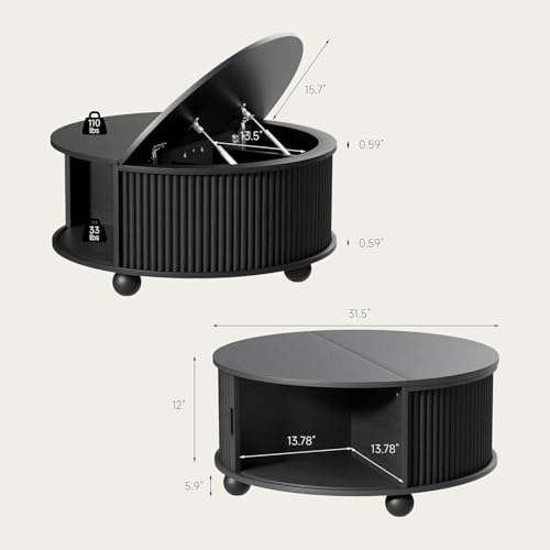 Fluted Round Coffee Tables,31.5" Mid Century Modern Circle Drum Table with Storage, Accent Coffee Table with Sliding Cabinet Door for Living Room Small Space (Black)