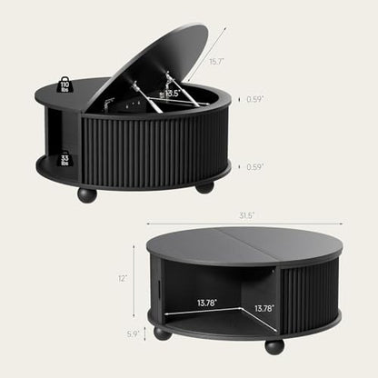 Fluted Round Coffee Tables,31.5" Mid Century Modern Circle Drum Table with Storage, Accent Coffee Table with Sliding Cabinet Door for Living Room Small Space (Black)