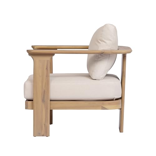 Kera Acacia Wood Lounge Chair Outdoor with Removable Cushion, Solid Wood Patio Accent Chair with Cushion, Patio Furniture Set Sofa Chair, Beige+Brown