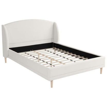 Queen Upholstered Bed Frame with Wingback Headboard (White, Queen) | Cloud Boucle Platform Bed, Solid Wood Legs, Strong Wood Slats Support, No Box Spring Required