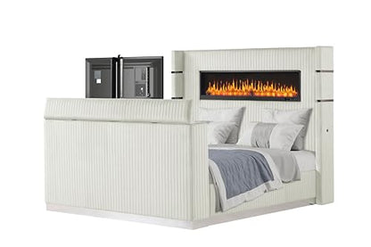 Wood Platform Bed with Beige Headboard and Storage Features, view 2