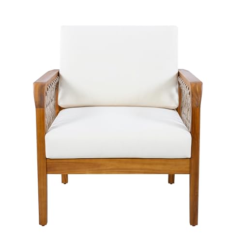 Arami Acacia Wood Lounge Chair Outdoor with Removable Cushion, Solid Wood Patio Accent Chair with Rope Weave Design, Patio Furniture Set Sofa Chair, Beige+Cream+Teak