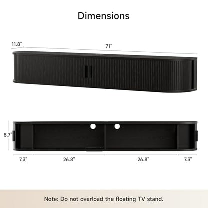 71" Floating TV Stand, Wall Mounted Entertainment Center Black, view 3