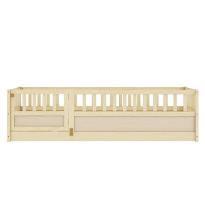 Montessori Wooden Floor Bed Frame, Integrated Kids Sleeping Bed with Safety Barrier and Access Door, Sturdy Pine Bedroom Furniture for Children Daily Rest (Natural,78 * 41'' +Support Plate)