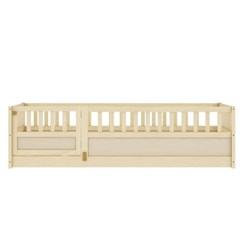 Montessori Wooden Floor Bed Frame, Integrated Kids Sleeping Bed with Safety Barrier and Access Door, Sturdy Pine Bedroom Furniture for Children Daily Rest (Natural,78 * 41'' +Support Plate)