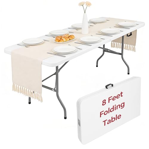 8 Foot Folding Table Portable, 8FT Folding Dining Table for Indoor Outdoor, Heavy Duty Fold-in-Half Plastic Long Large Rectangular Utility Card Tables for Picnic Camping Party, 95x29 inch