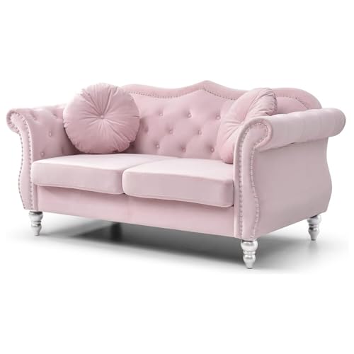 Velvet Loveseat, 68" Wide, Dark Gray - Hollywood Regency Style Sofa Pink