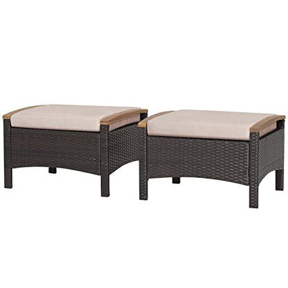 Outdoor Wicker Ottomans for Patio - 2 Pieces PE Rattan Ottoman, Footrest Seat with Zippered Cushions, Acacia Wood Handles, 3-in-1 Footstool, Side Table for Poolside, Backyard (Brown)