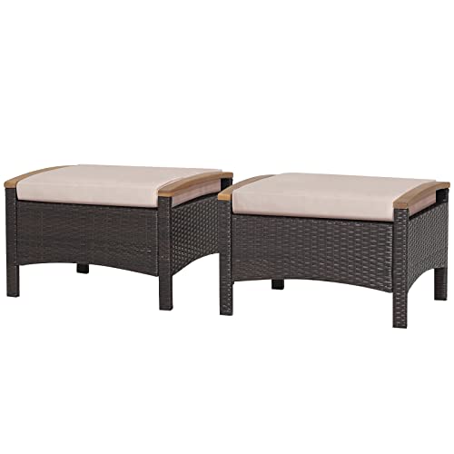 Brown wicker outdoor ottomans set of two with zippered cushions, view 2