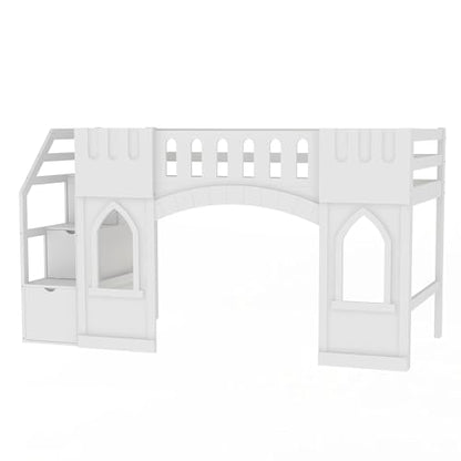 LUMISOL Kids Twin Low Loft Bed with Rails, Solid Wood Loft Bed Frame with Staircase, Window and Guardrails for Kids, No Box Spring Needed, White