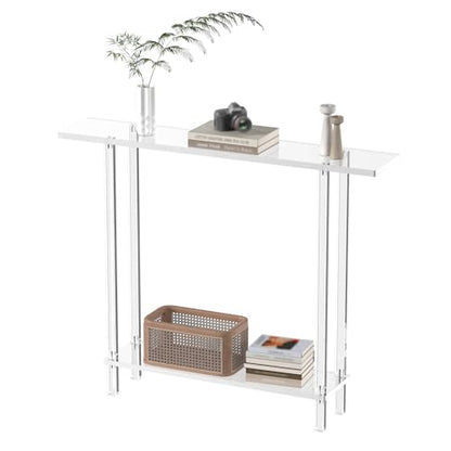 Acrylic Narrow Console Table for Entryway, 7.6" D x 39.4" W x 31.5" H, Square Legs, Skinny Entry Table for Sofa, Foyer, Hallway, Living Room, Modern, 2-Tier, Clear