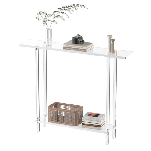 Acrylic Narrow Console Table for Entryway, 7.6" D x 39.4" W x 31.5" H, Square Legs, Skinny Entry Table for Sofa, Foyer, Hallway, Living Room, Modern, 2-Tier, Clear