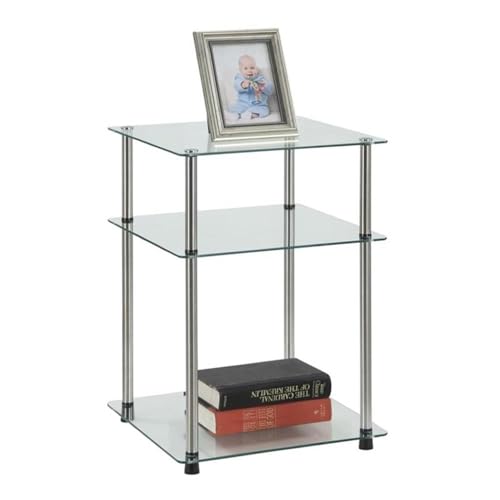 Designs2Go Classic Glass 3-Tier End Table 23.75" - Modern Stainless Steel Display with Storage Shelves for Living & Family Room, Bedroom, Bathroom, Office, Glass/Chrome