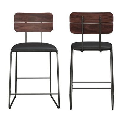Modern 2-Piece Minimalist Counter Stools with Wooden Back, Set of 2, Black