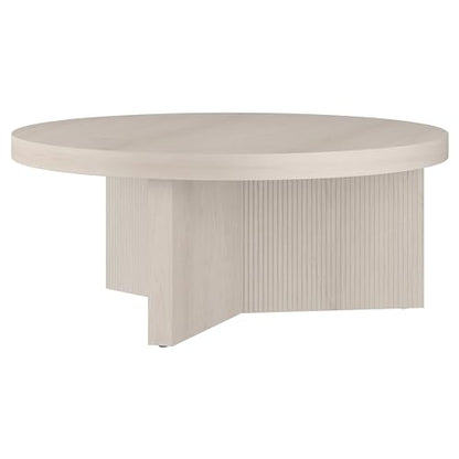 36" Fluted Round Low-Profile Coffee Table with Ribbed Pedestal Base for Living Room, Family Room, or Office, Beech White