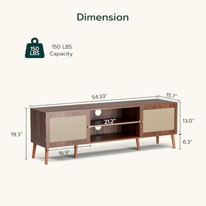 TV Stand with Rattan Doors for TVs up to 65", Mid-Century, Walnut, view 3