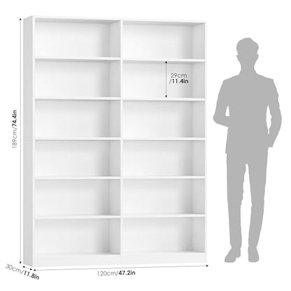Bookshelf and Bookcase, 6-Tier Double Wide Bookshelves,Freestanding Display Storage Shelves, Tall Bookcases for Home Decor Bedroom, Living Room, Home Office, White