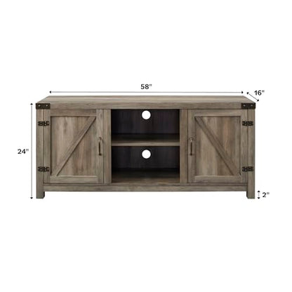 Larae Modern Farmhouse Barn Door TV Stand for TVs up to 65 Inches, 58 Inch TV Table for Living Room, Without Fireplace, Grey Wash