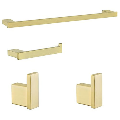 Brushed Gold Towel Bar Set 4 Piece Bathroom Hardware Set Include 18 Inch Towel Bar Toilet Paper Holder and 2 Towel Hooks Stainless Steel Bathroom Decor Wall Mount Bath Accessories Kit.