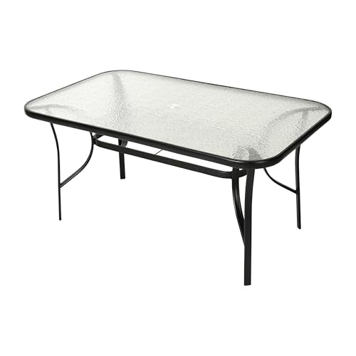 Tory Rectangle Patio Table with Umbrella Hole, Commercial All-Weather Table with Heat Resistant Tempered Glass, Steel Tube Frame, 35x 59, Black