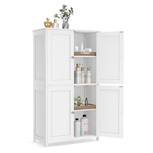 VASAGLE Floor Storage Cabinet, Shaker Cabinet with 2 Adjustable Shelves, 4 Doors, Tall Freestanding Organizer Unit, for Kitchen Bathroom Living Room, Cloud White UBBC553WH01S
