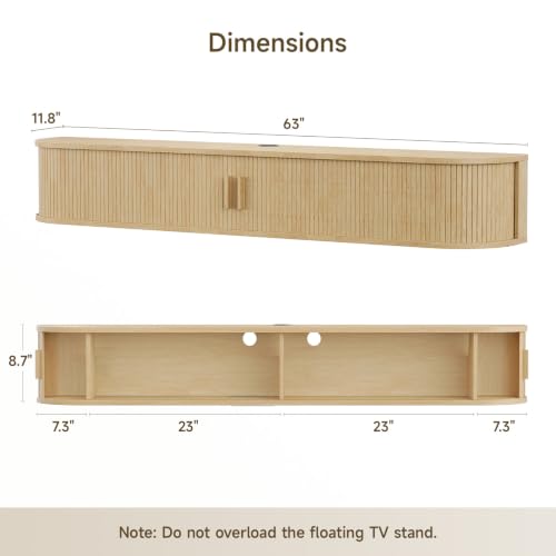 63" Floating TV Stand, Wall Mounted Entertainment Center Oak, view 3