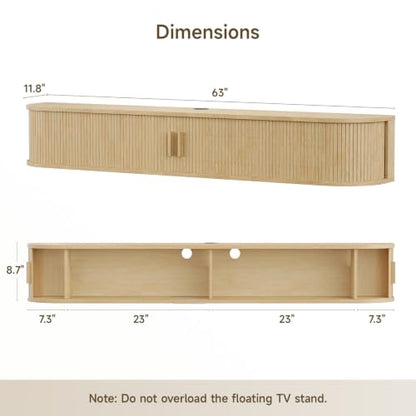 63" Floating TV Stand, Wall Mounted Entertainment Center Oak, view 3