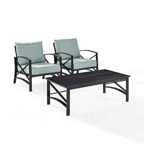 Oiled bronze 3 piece metal outdoor seating set with mist cushions, view 2