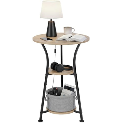 3-Tier Round Side Table with Storage, Industrial End Table for Living Room, Rustic Wood & Metal Bedside Nightstand, Accent Plant Stand for Bedroom Corners & Small Spaces
