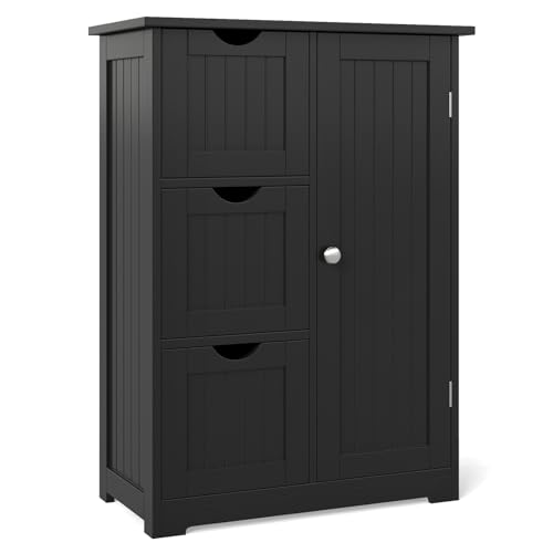 Bathroom Floor Cabinet, Wooden Storage Cabinet with 1 Door & 3 Drawer, Free Standing Entryway Cupboard, Space Saver Cabinet