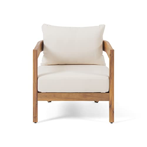 Maze 3-Piece Acacia Wood Patio Furniture Set, Outdoor Conversation Club Chair Set with Coffee Table, Patio Chat Set for Backyard Balcony, Teak+Beige
