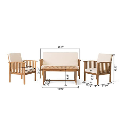 4-Piece Outdoor Patio Furniture Set, Acacia Wood Chat Set with Loveseat Coffee Table and 2 Chairs Cushions, Modern Backyard Garden Conversation Set, Light Wood