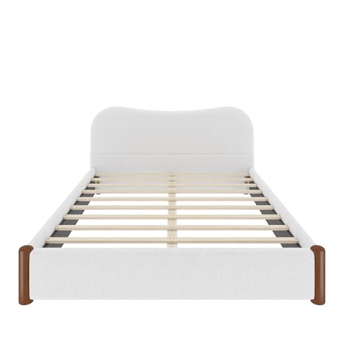 JIVOIT Queen Berber Fleece Upholstered Bed with Headboard, Wood Supporting Feet (White/Queen,30)