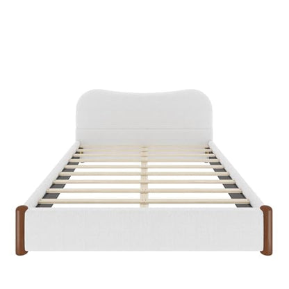 JIVOIT Queen Berber Fleece Upholstered Bed with Headboard, Wood Supporting Feet (White/Queen,30)