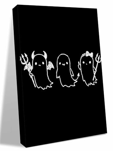NuYeBiofx Halloween Funny Ghost with Forks Canvas Wall Art Prints,48"x32" Framed Picture Artwork White Devil Sketch on Black Printed Canvas Oil Painting for Living Room Bedroom Office,Ready to Hang