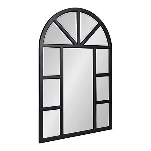 Hogan Rustic Wood Framed Arch Windowpane Wall Mirror, 24 x 36, Distressed Black, Chic Farmhouse Wall Decor
