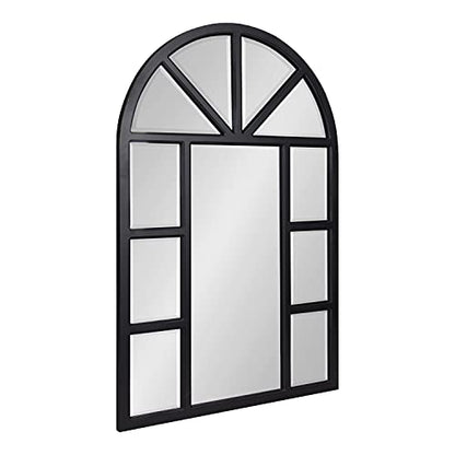 Hogan Rustic Wood Framed Arch Windowpane Wall Mirror, 24 x 36, Distressed Black, Chic Farmhouse Wall Decor
