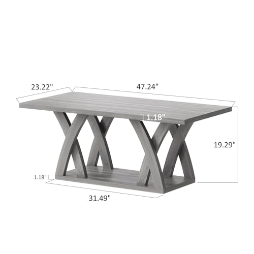 Farmhouse Coffee Table with Shelf, Wood Coffee Table for Living Room, Open Display Area, 47” Grey