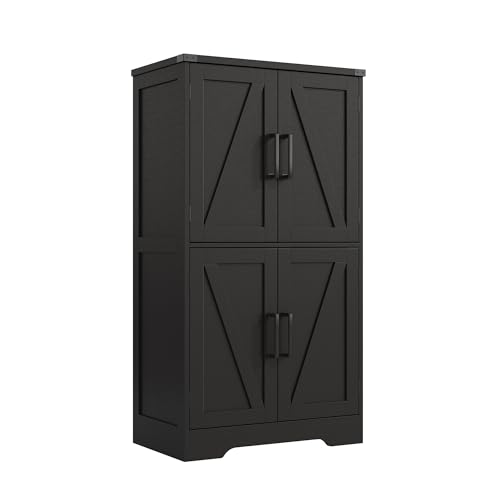 Bathroom Floor Cabinet, Farmhouse Bathroom Storage Cabinet with Doors and Adjustable Shelves, Freestanding Kitchen Pantry Cabinet, Cupboard for Living Room, Dining Room, Black