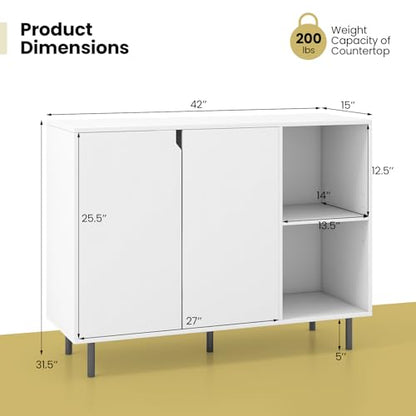 Buffet Cabinet with Storage, Wooden Sideboard with 2-Door Cabinet, 2 Cubes, 5-Position Adjustable Shelves, 5 Metal Legs, Anti-Toppling Device, Modern Furniture for Kitchen Living Room (White)