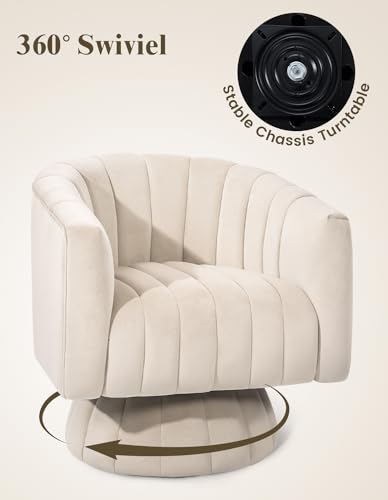 Swivel Accent Chair with Armrest, Mid Century 360 Degree Swivel Barrel Chair Overstuffed Tufted Velvet, Ideal for Living Room, Bedroom, Reading Room, Beige
